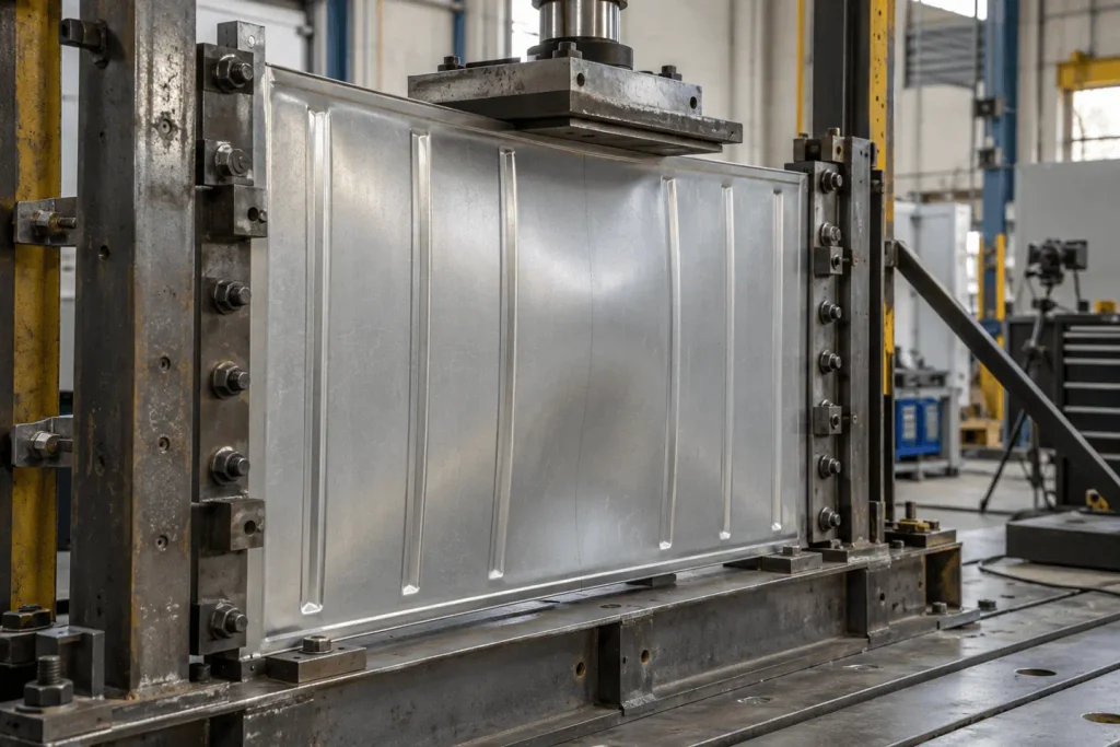 Illustrative thin formed panel in a structural test frame. If deformation changes stiffness or the decision depends on buckling and post-buckling behaviour, geometric nonlinearity should be considered.