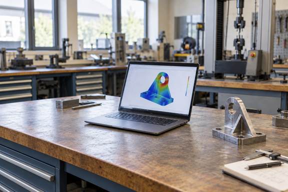 Reviewing simulation results alongside a physical bracket prototype helps teams compare design options before committing to further manufacturing.